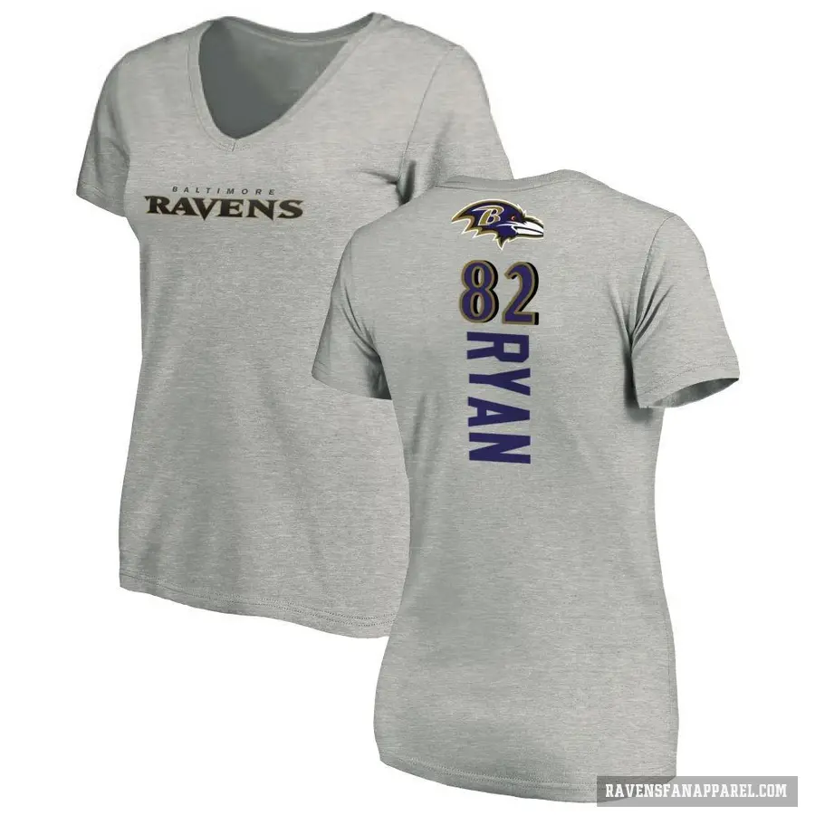 Women's ＃82 Sean Ryan Baltimore Ravens Ash Backer V-Neck T-Shirt