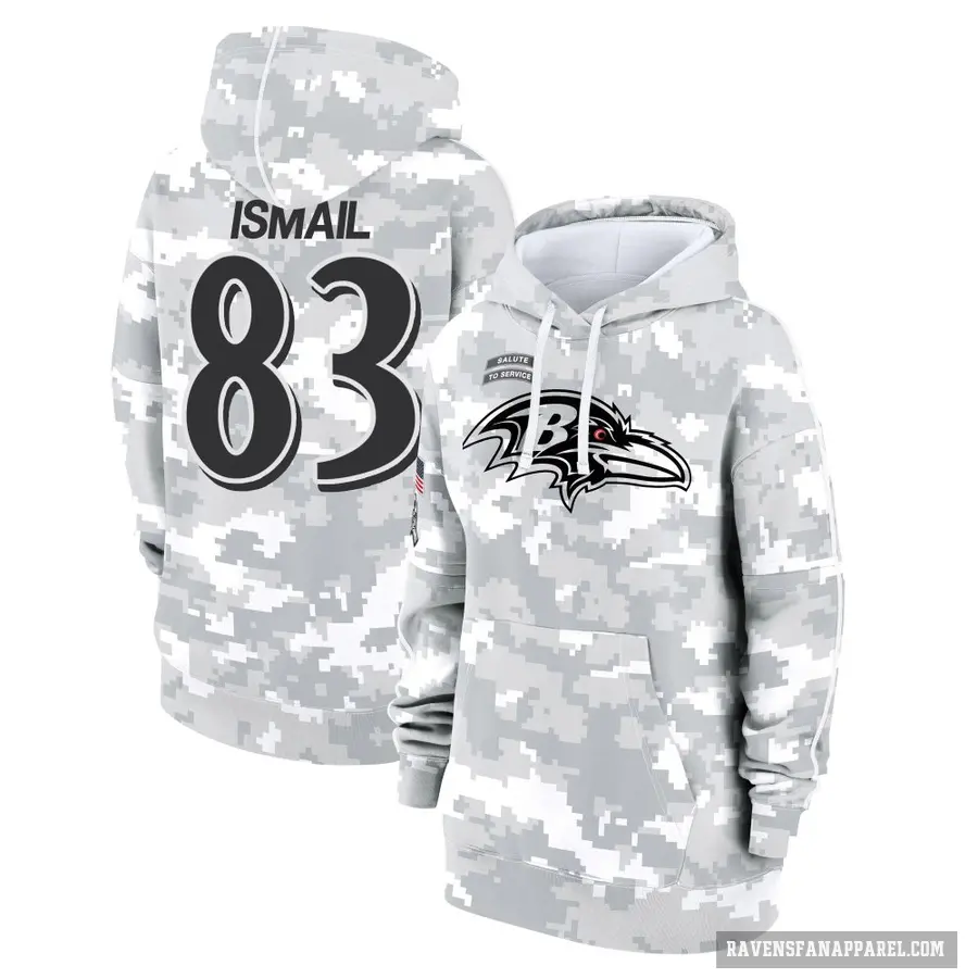 Women's ＃83 Qadir Ismail Baltimore Ravens Arctic Camo 2024 Salute to Service Club Fleece Pullover Hoodie