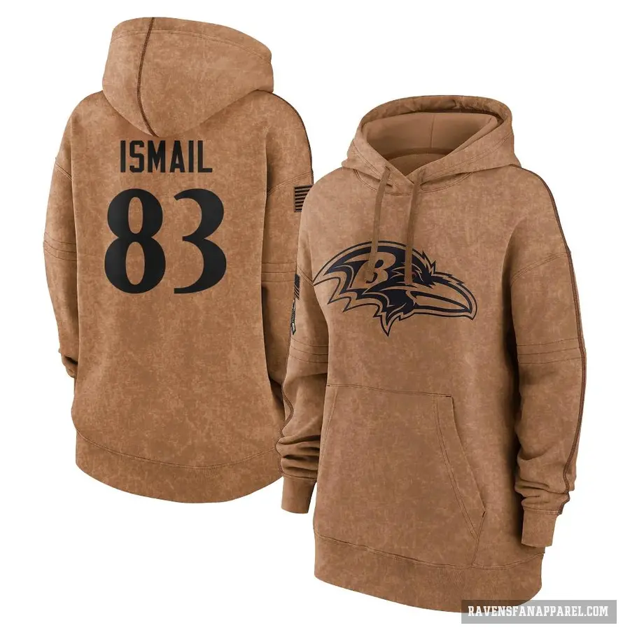 Women's ＃83 Qadir Ismail Baltimore Ravens Brown 2023 Salute To Service Pullover Hoodie