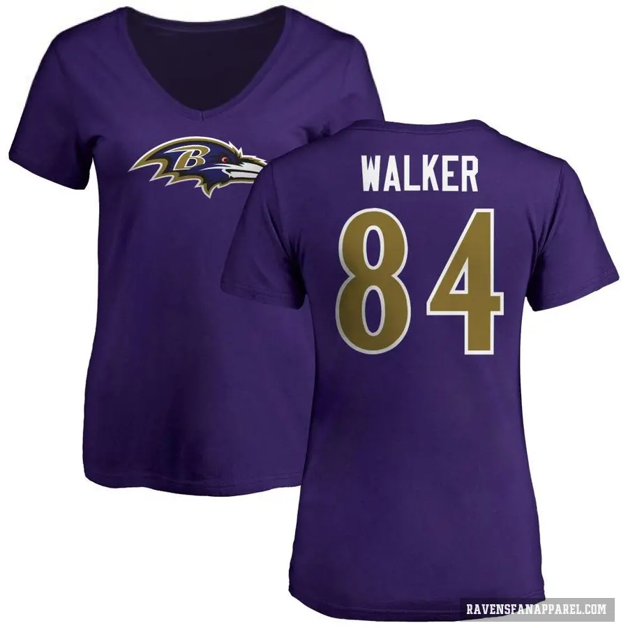 Women's ＃84 Brian Walker Baltimore Ravens Purple Logo V-Neck T-Shirt