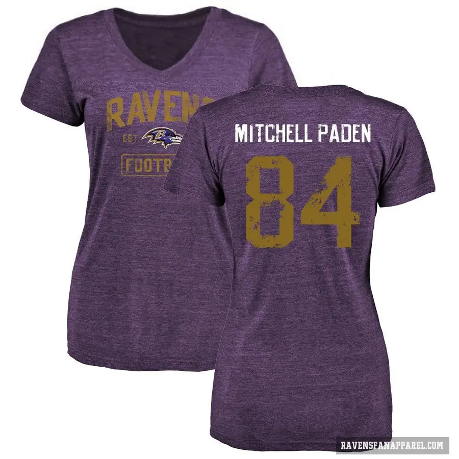 Women's ＃84 Zaire Mitchell-Paden Baltimore Ravens Purple Distressed V-Neck T-Shirt