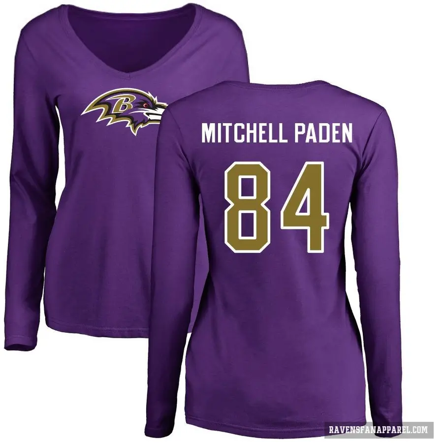 Women's ＃84 Zaire Mitchell-Paden Baltimore Ravens Purple Logo Slim Fit Long Sleeve T-Shirt