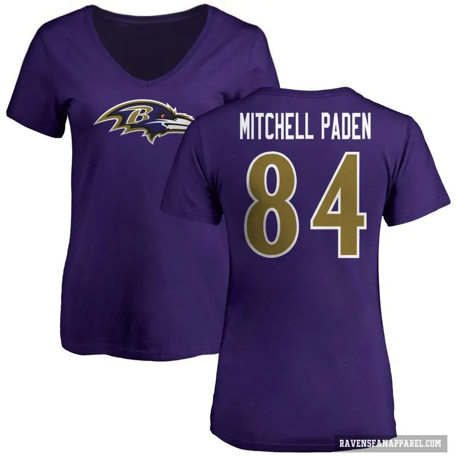 Women's ＃84 Zaire Mitchell-Paden Baltimore Ravens Purple Logo V-Neck T-Shirt