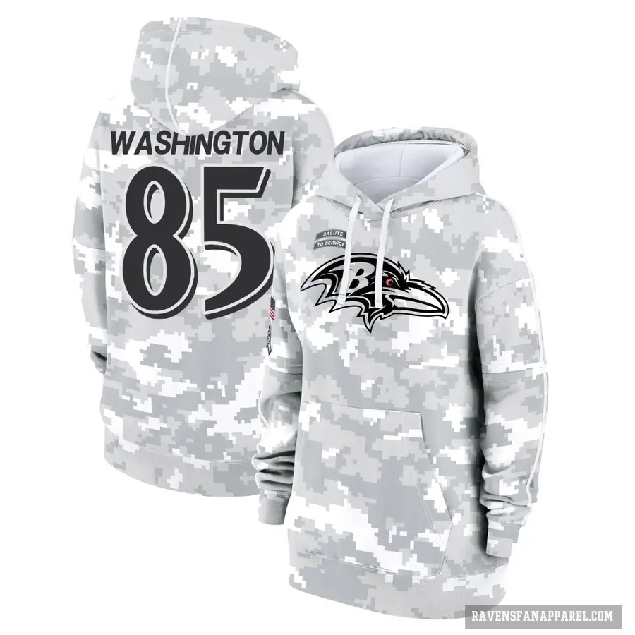 Women's ＃85 Scotty Washington Baltimore Ravens Arctic Camo 2024 Salute to Service Club Fleece Pullover Hoodie