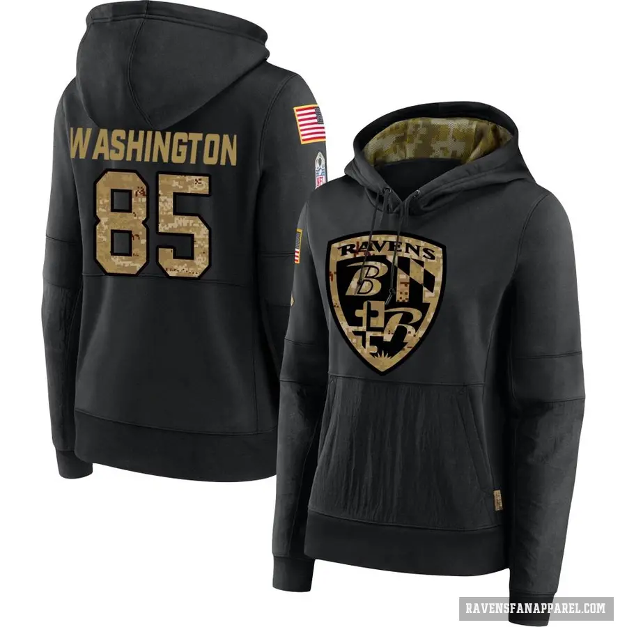 Women's ＃85 Scotty Washington Baltimore Ravens Black 2020 Salute to Service Sideline Performance Pullover Hoodie