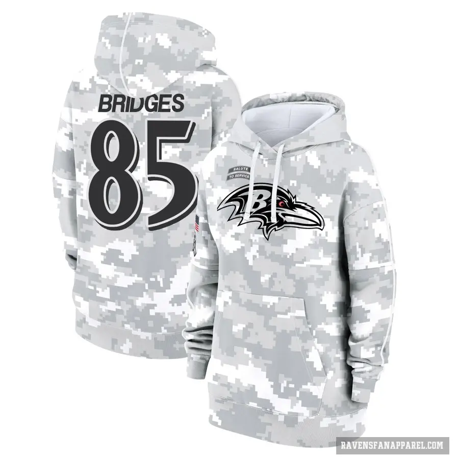 Women's ＃85 Shemar Bridges Baltimore Ravens Arctic Camo 2024 Salute to Service Club Fleece Pullover Hoodie