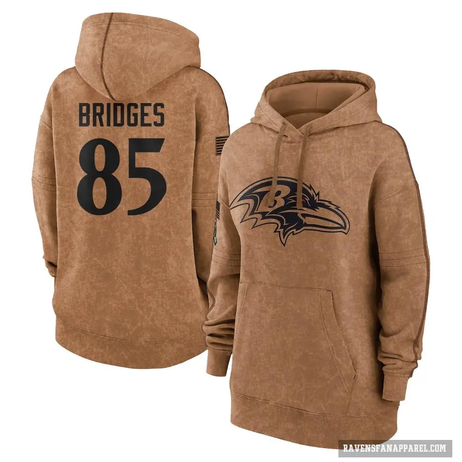 Women's ＃85 Shemar Bridges Baltimore Ravens Brown 2023 Salute To Service Pullover Hoodie