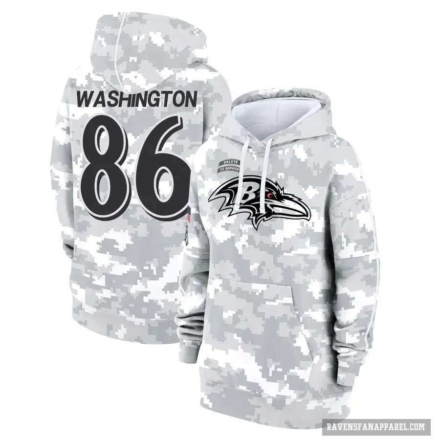 Women's ＃86 Isaiah Washington Baltimore Ravens Arctic Camo 2024 Salute to Service Club Fleece Pullover Hoodie