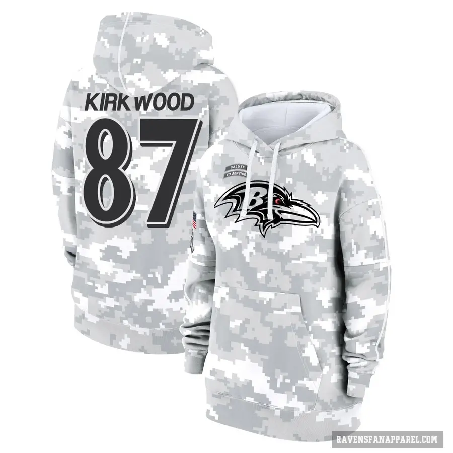 Women's ＃87 Keith Kirkwood Baltimore Ravens Arctic Camo 2024 Salute to Service Club Fleece Pullover Hoodie