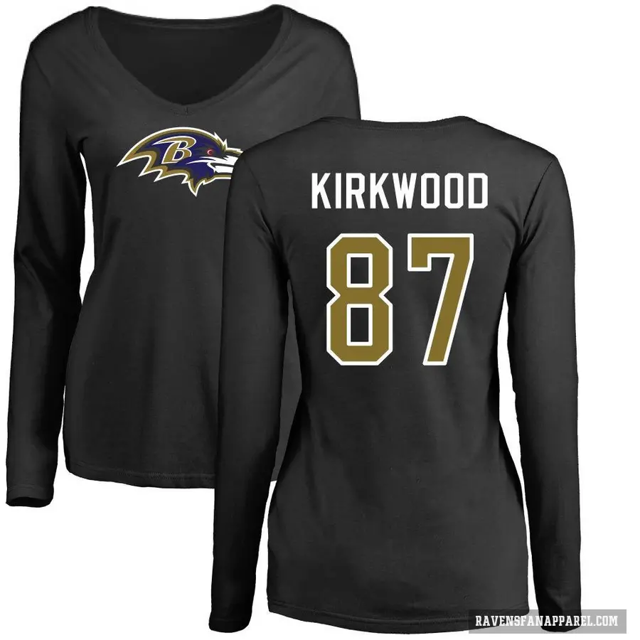 Women's ＃87 Keith Kirkwood Baltimore Ravens Black Logo Slim Fit Long Sleeve T-Shirt