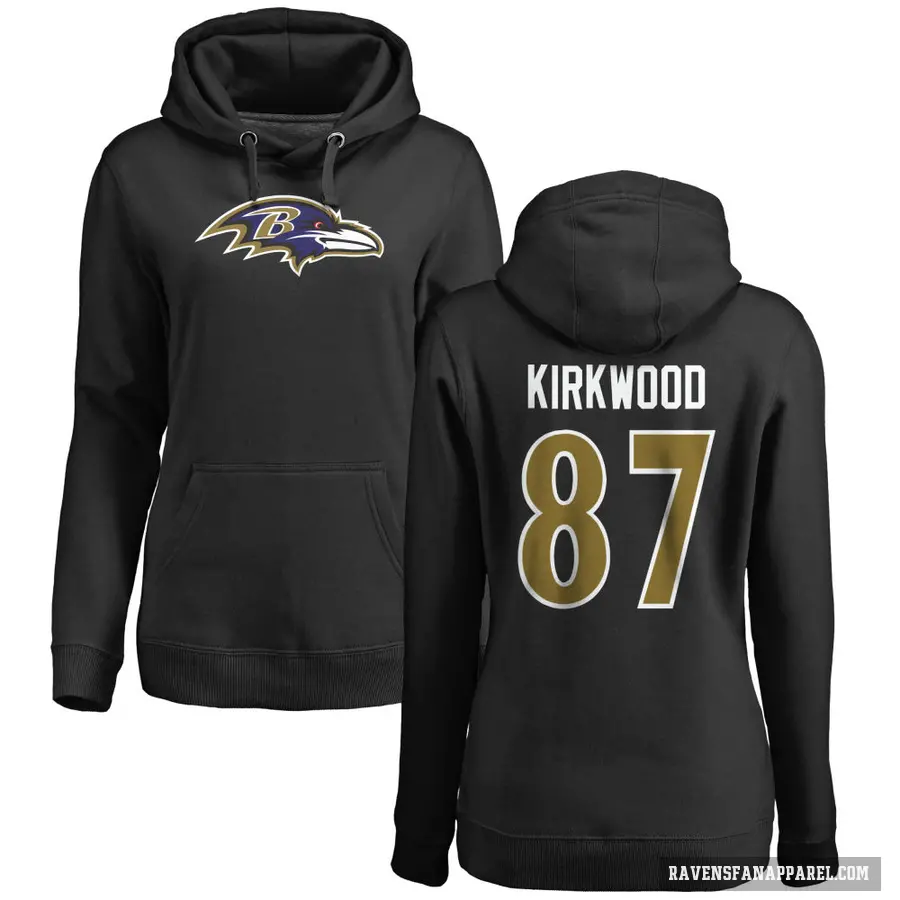 Women's ＃87 Keith Kirkwood Baltimore Ravens Black Pro Line Name & Number Logo Pullover Hoodie