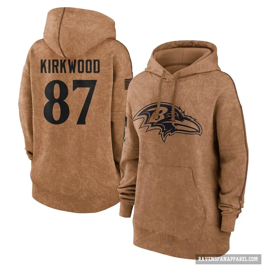 Women's ＃87 Keith Kirkwood Baltimore Ravens Brown 2023 Salute To Service Pullover Hoodie