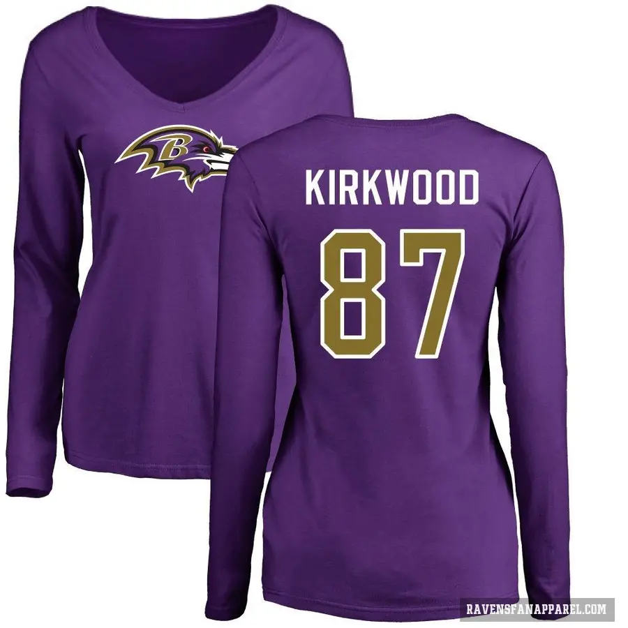 Women's ＃87 Keith Kirkwood Baltimore Ravens Purple Logo Slim Fit Long Sleeve T-Shirt