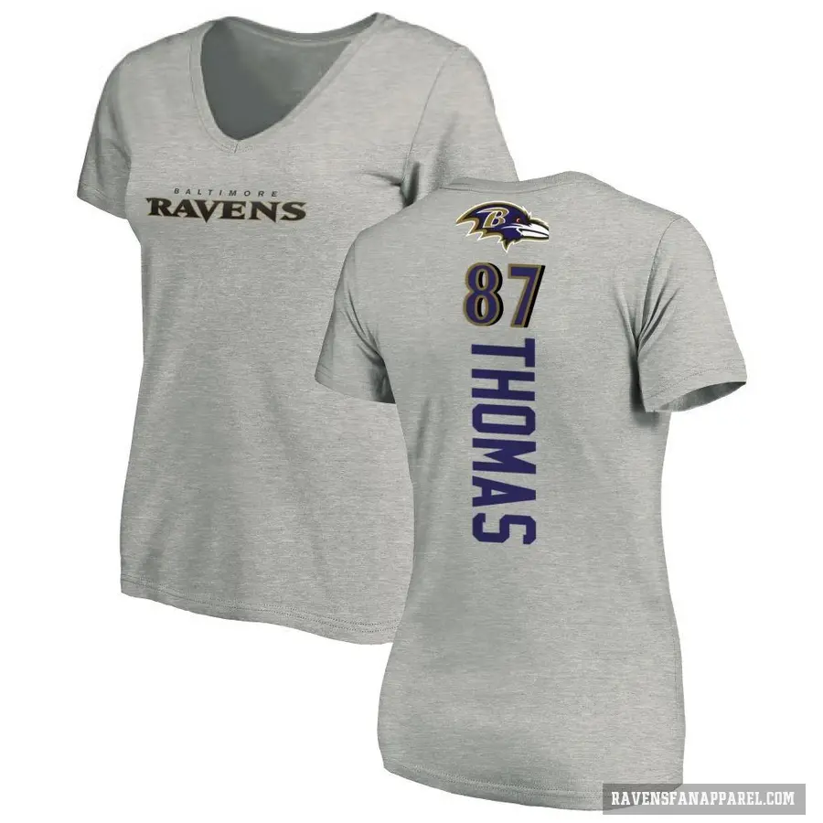 Women's ＃87 Mike Thomas Baltimore Ravens Ash Backer V-Neck T-Shirt