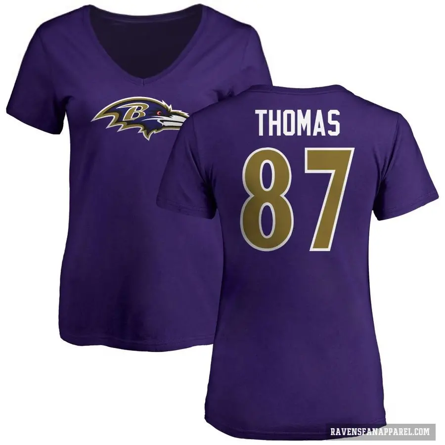 Women's ＃87 Mike Thomas Baltimore Ravens Purple Logo V-Neck T-Shirt