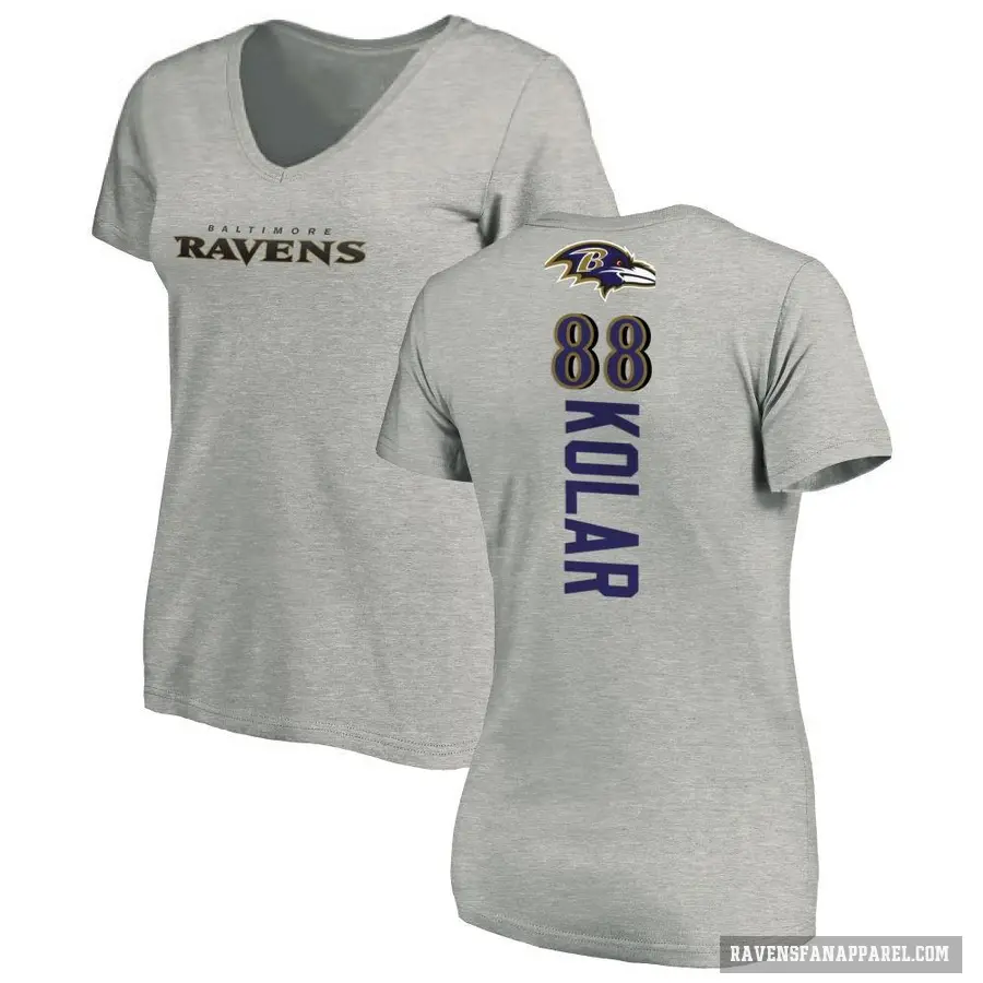 Women's ＃88 Charlie Kolar Baltimore Ravens Ash Backer V-Neck T-Shirt