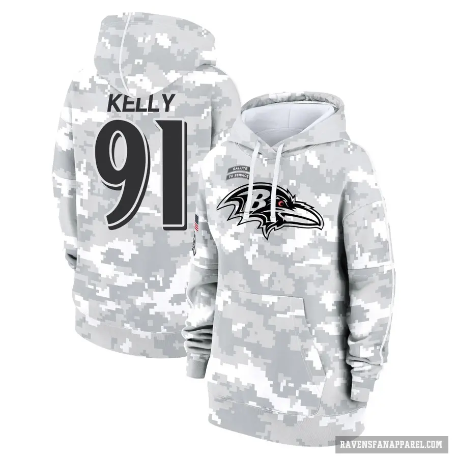 Women's ＃91 Xavier Kelly Baltimore Ravens Arctic Camo 2024 Salute to Service Club Fleece Pullover Hoodie