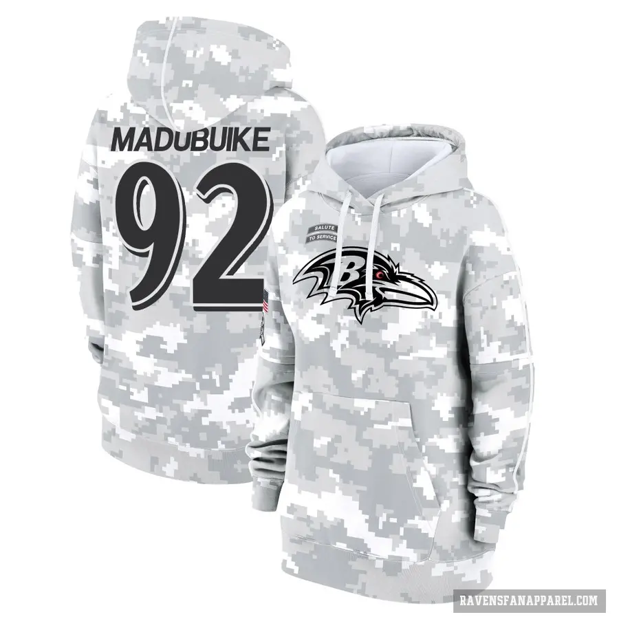 Women's ＃92 Nnamdi Madubuike Baltimore Ravens Arctic Camo 2024 Salute to Service Club Fleece Pullover Hoodie