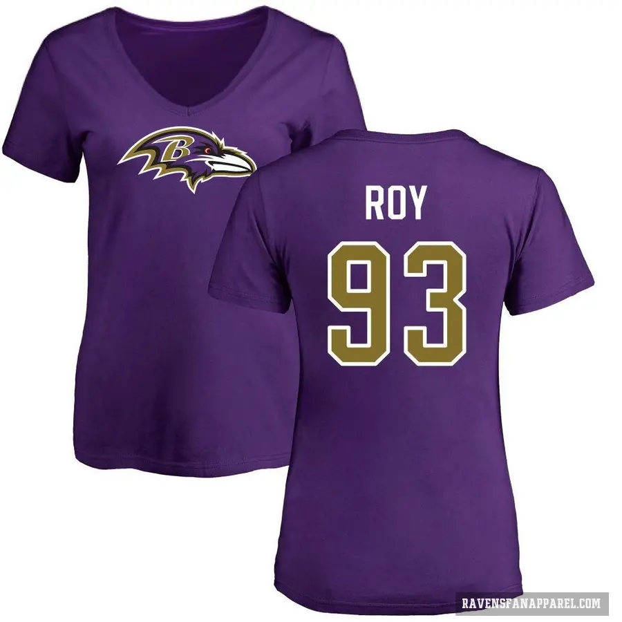 Women's ＃93 Bravvion Roy Baltimore Ravens Purple Logo Slim Fit T-Shirt