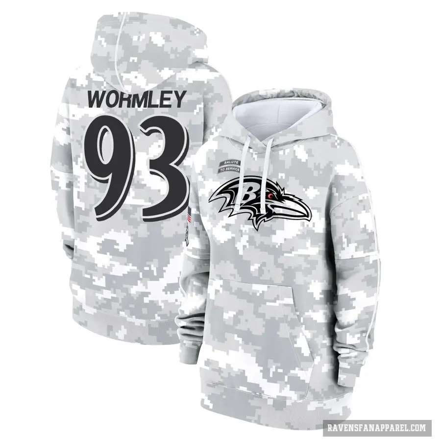 Women's ＃93 Chris Wormley Baltimore Ravens Arctic Camo 2024 Salute to Service Club Fleece Pullover Hoodie