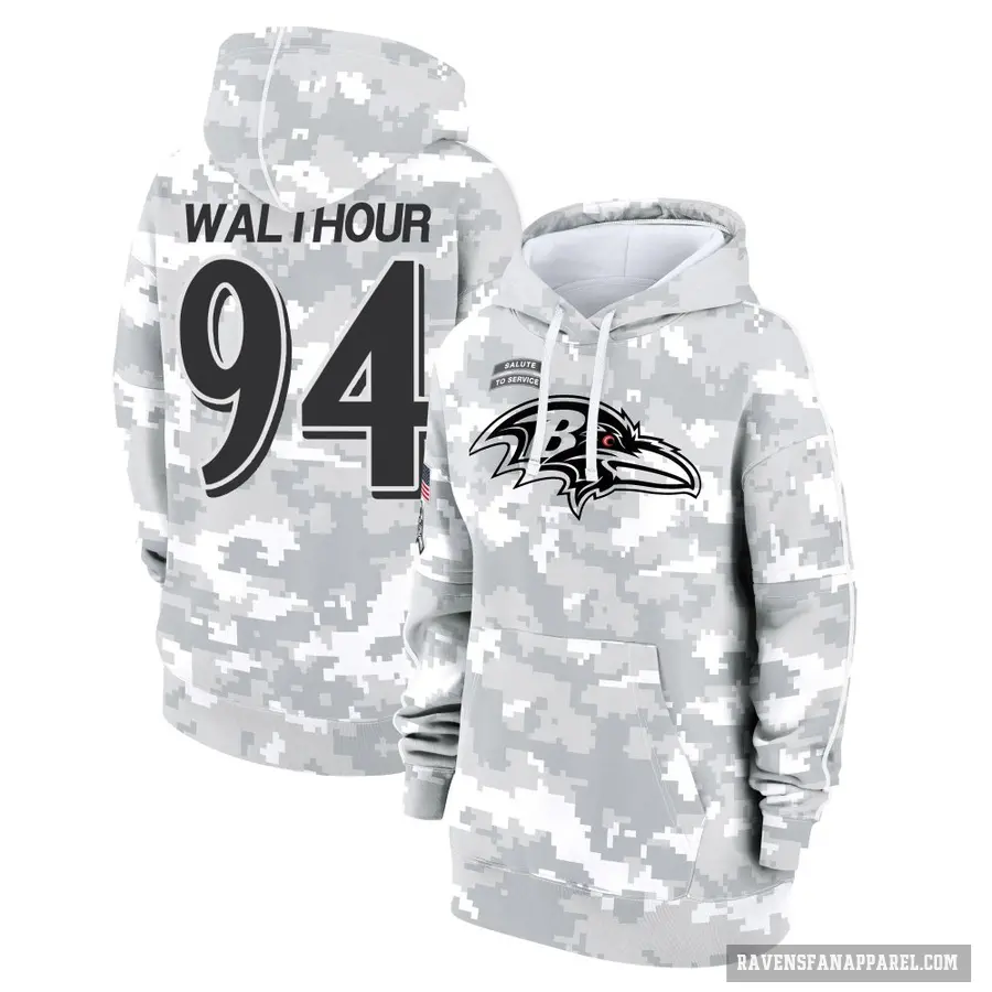 Women's ＃94 Tramel Walthour Baltimore Ravens Arctic Camo 2024 Salute to Service Club Fleece Pullover Hoodie