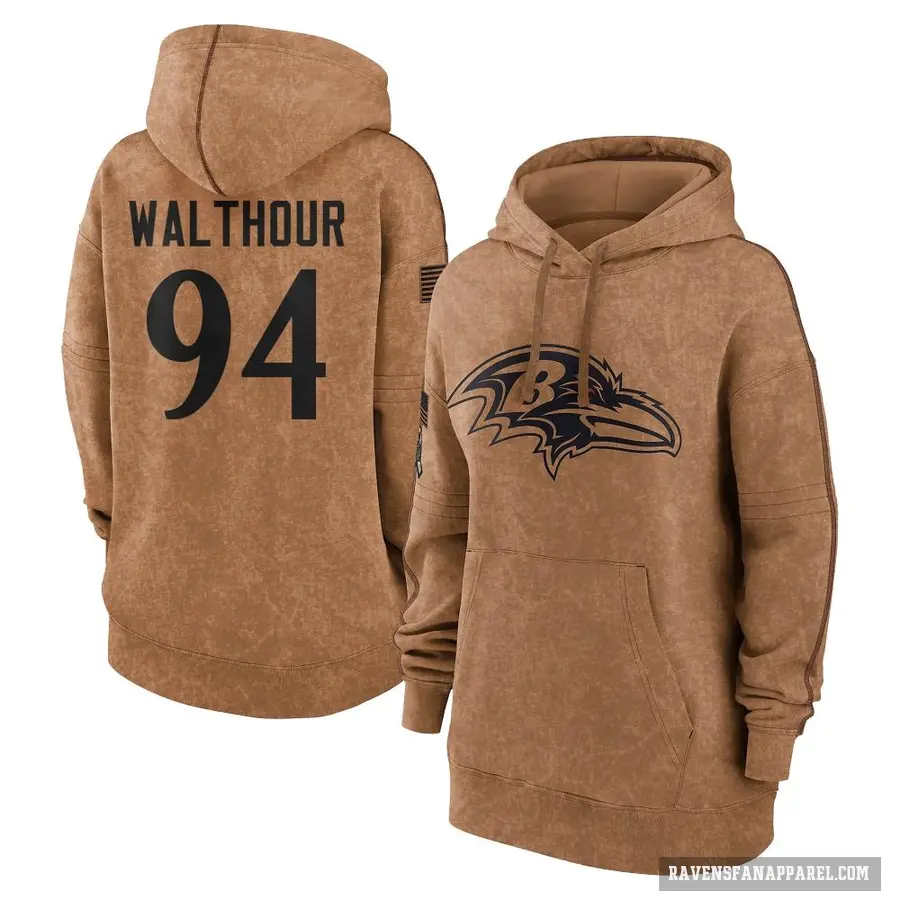 Women's ＃94 Tramel Walthour Baltimore Ravens Brown 2023 Salute To Service Pullover Hoodie