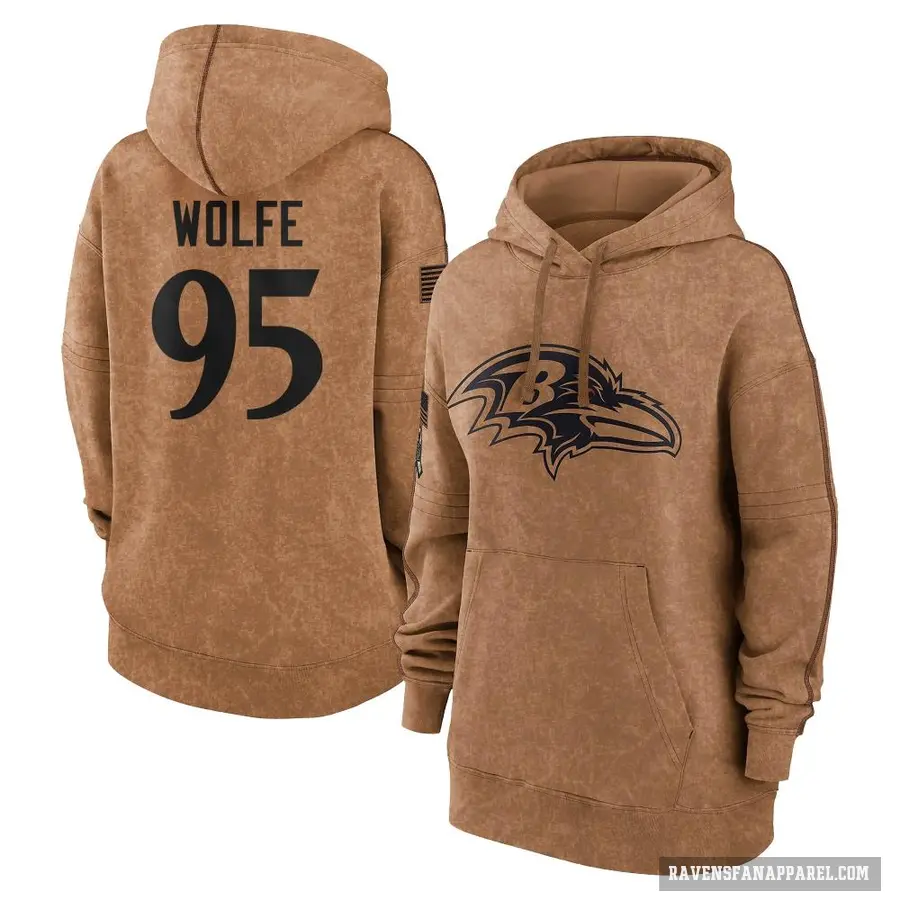 Women's ＃95 Derek Wolfe Baltimore Ravens Brown 2023 Salute To Service Pullover Hoodie