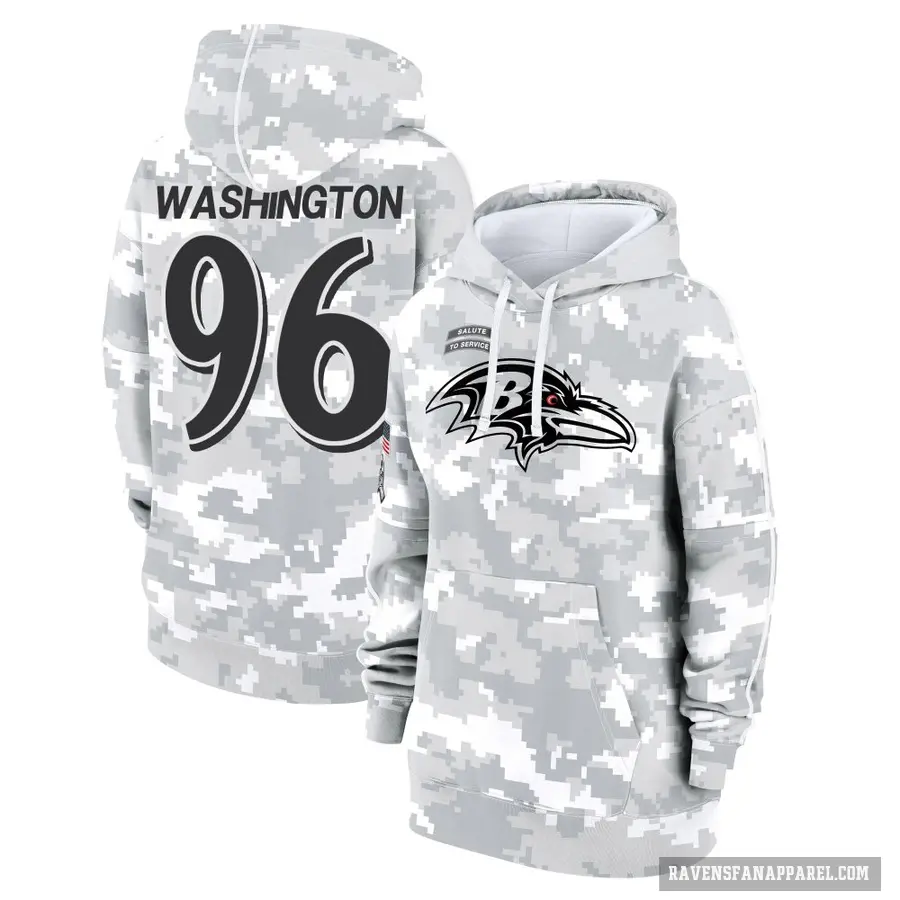 Women's ＃96 Broderick Washington Baltimore Ravens Arctic Camo 2024 Salute to Service Club Fleece Pullover Hoodie