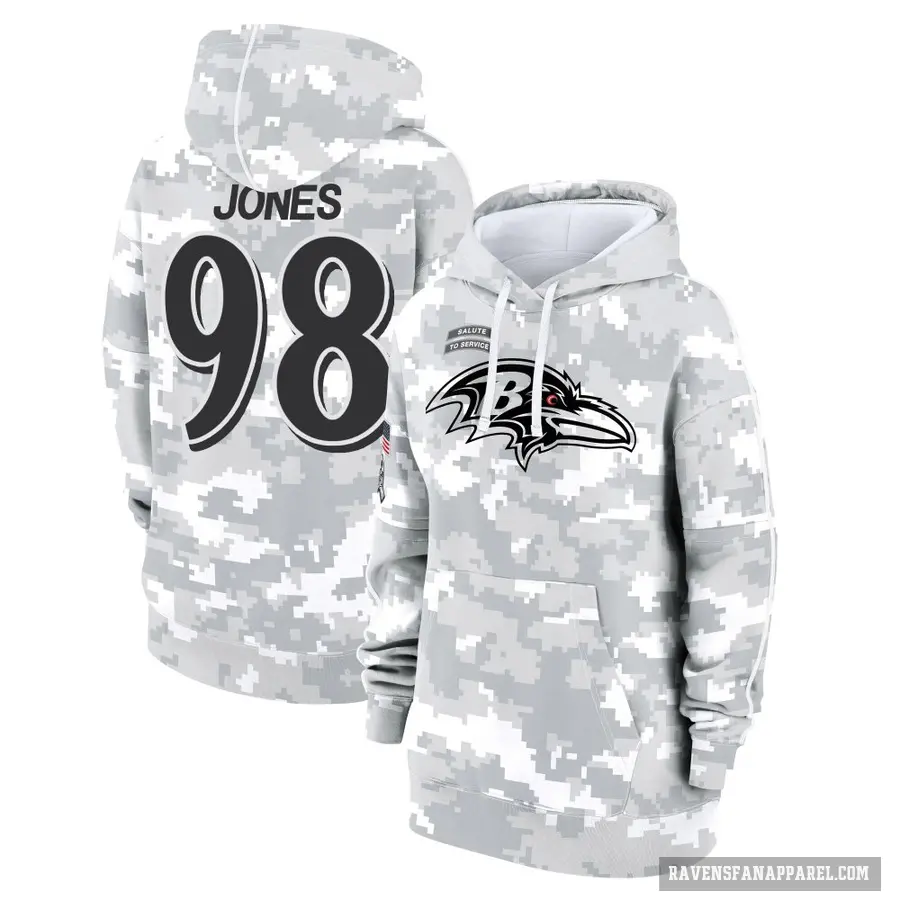 Women's ＃98 Travis Jones Baltimore Ravens Arctic Camo 2024 Salute to Service Club Fleece Pullover Hoodie