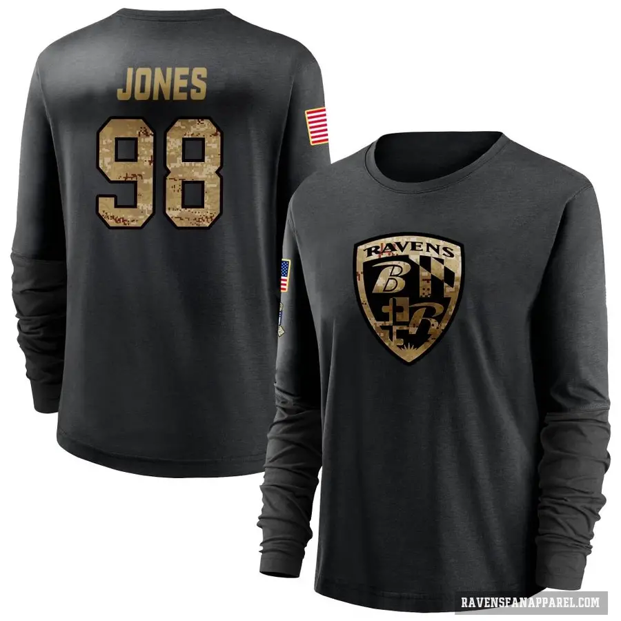 Women's ＃98 Travis Jones Baltimore Ravens Black 2020 Salute To Service Sideline Performance Long Sleeve T-Shirt