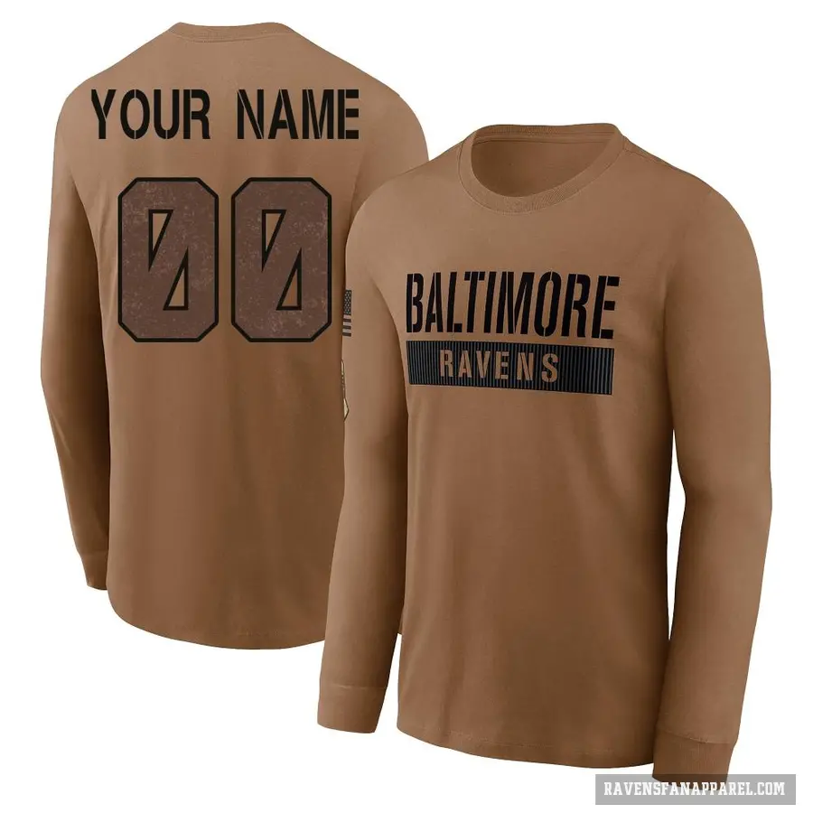 Youth ＃00 Custom Baltimore Ravens Brown / 2023 Salute To Service Long Sleeve T-Shirt