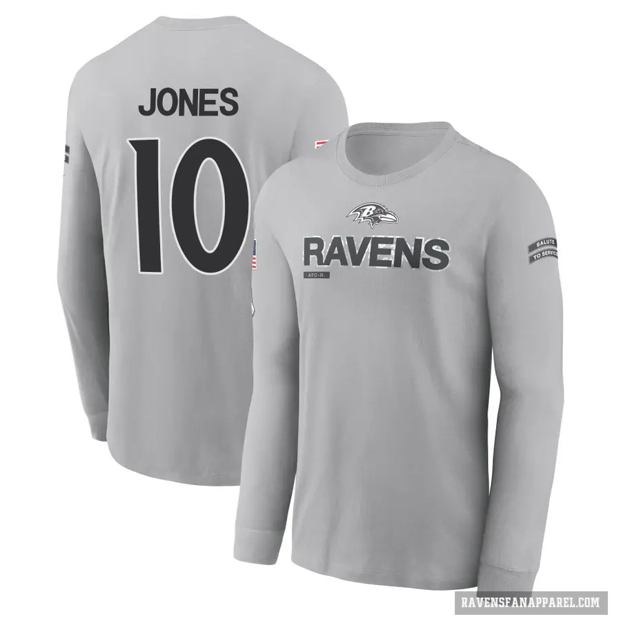 Youth ＃10 Emory Jones Baltimore Ravens Gray 2024 Salute to Service Long Sleeve T-Shirt