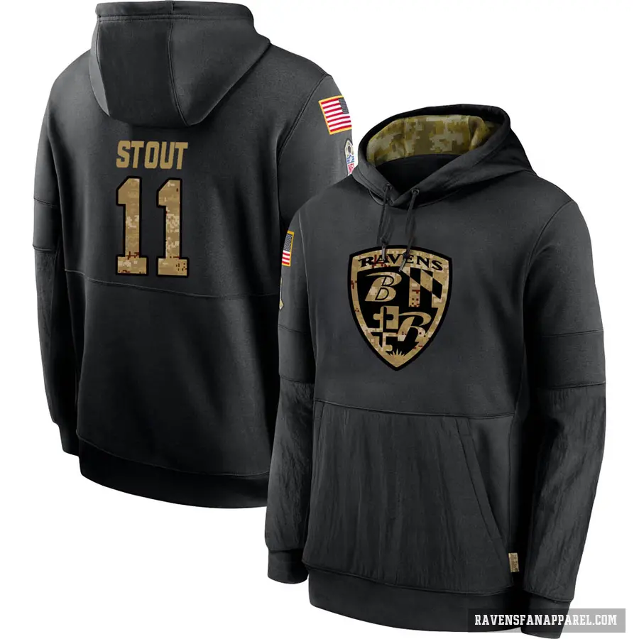 Youth ＃11 Jordan Stout Baltimore Ravens Black 2020 Salute to Service Sideline Performance Pullover Hoodie