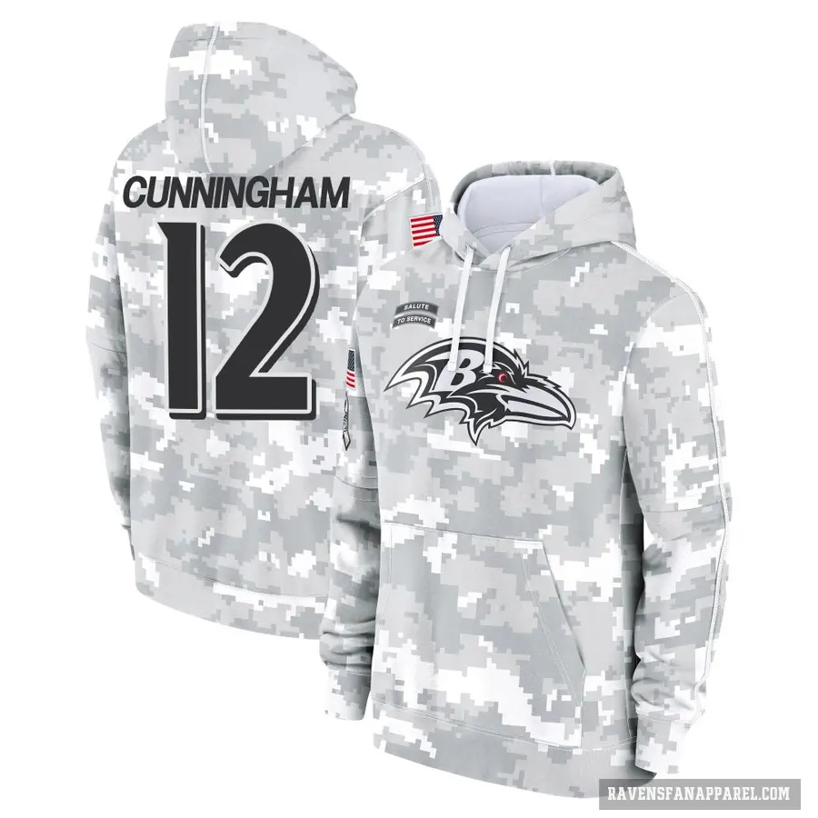 Youth ＃12 Malik Cunningham Baltimore Ravens Arctic Camo 2024 Salute to Service Club Fleece Pullover Hoodie