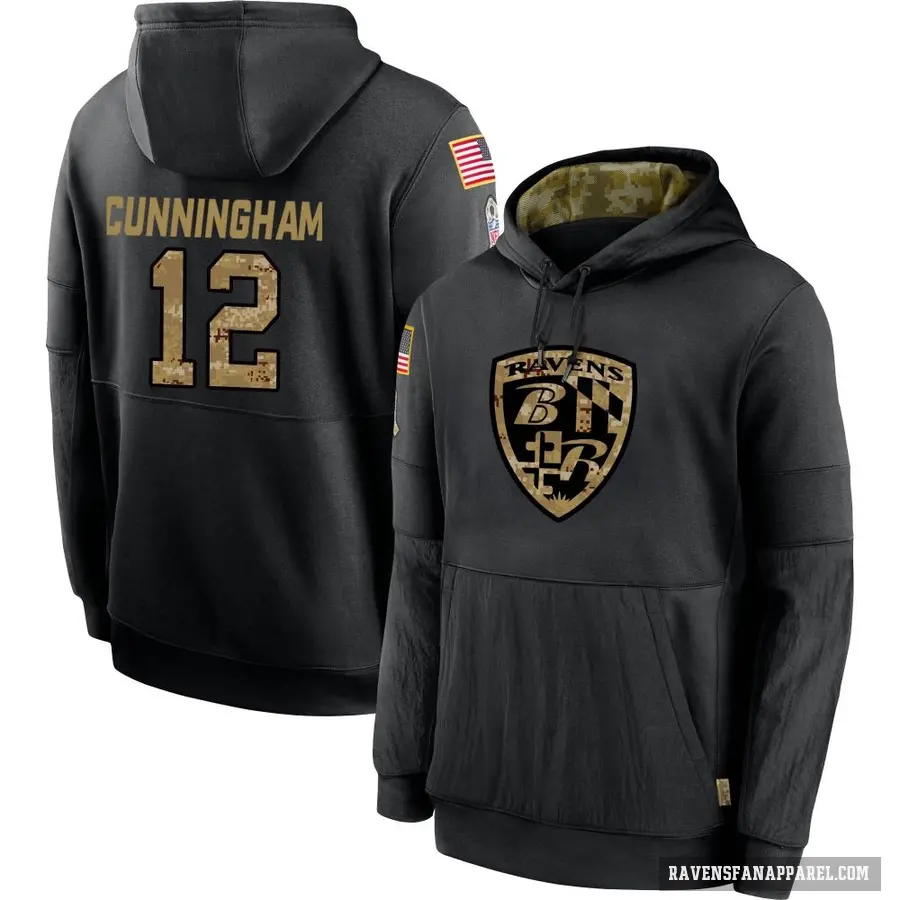 Youth ＃12 Malik Cunningham Baltimore Ravens Black 2020 Salute to Service Sideline Performance Pullover Hoodie