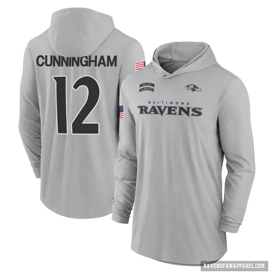 Youth ＃12 Malik Cunningham Baltimore Ravens Gray 2024 Salute to Service Lightweight Performance Long Sleeve Hooded T-Shirt