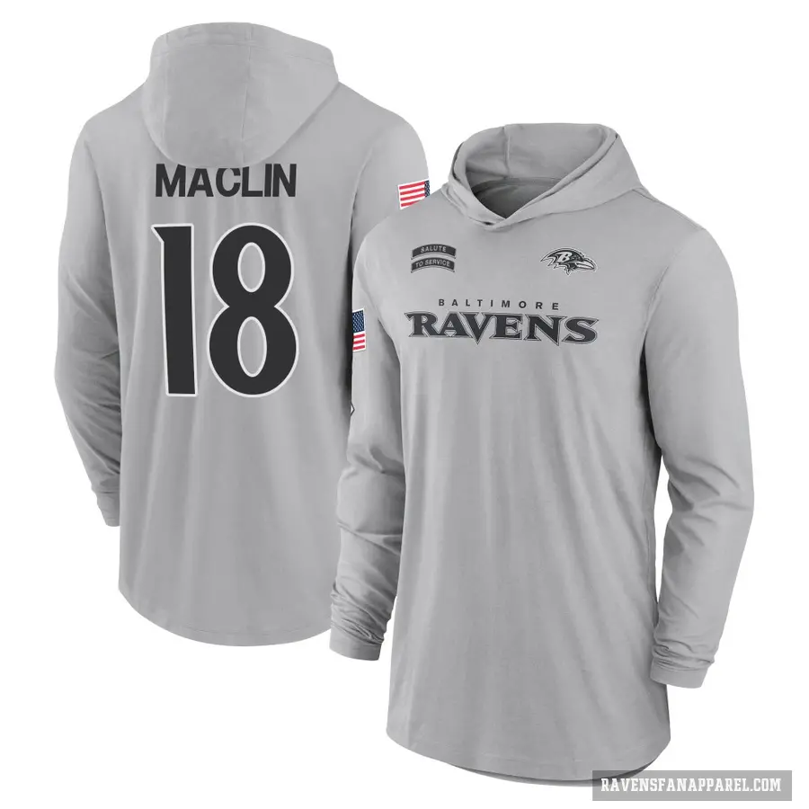 Youth ＃18 Jeremy Maclin Baltimore Ravens Gray 2024 Salute to Service Lightweight Performance Long Sleeve Hooded T-Shirt