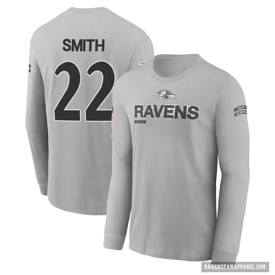 Youth ＃22 Jimmy Smith Baltimore Ravens Gray 2024 Salute to Service Long Sleeve T-Shirt