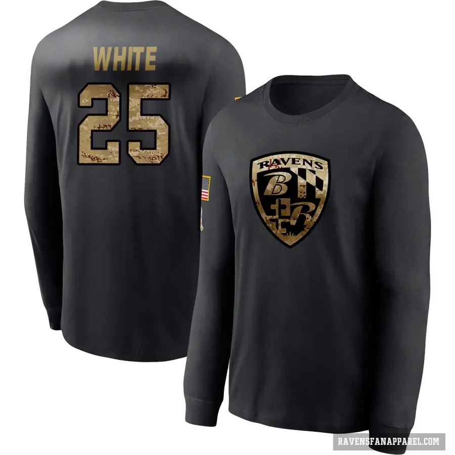 Youth ＃25 Tre'Davious White Baltimore Ravens White Black 2020 Salute To Service Sideline Performance Long Sleeve T-Shirt