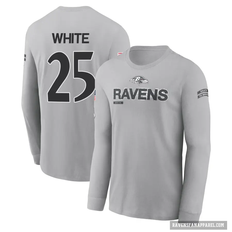 Youth ＃25 Tre'Davious White Baltimore Ravens White Gray 2024 Salute to Service Long Sleeve T-Shirt