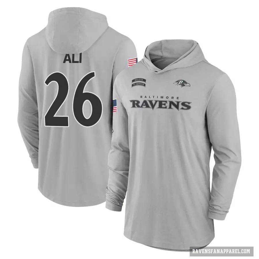 Youth ＃26 Rasheen Ali Baltimore Ravens Gray 2024 Salute to Service Lightweight Performance Long Sleeve Hooded T-Shirt