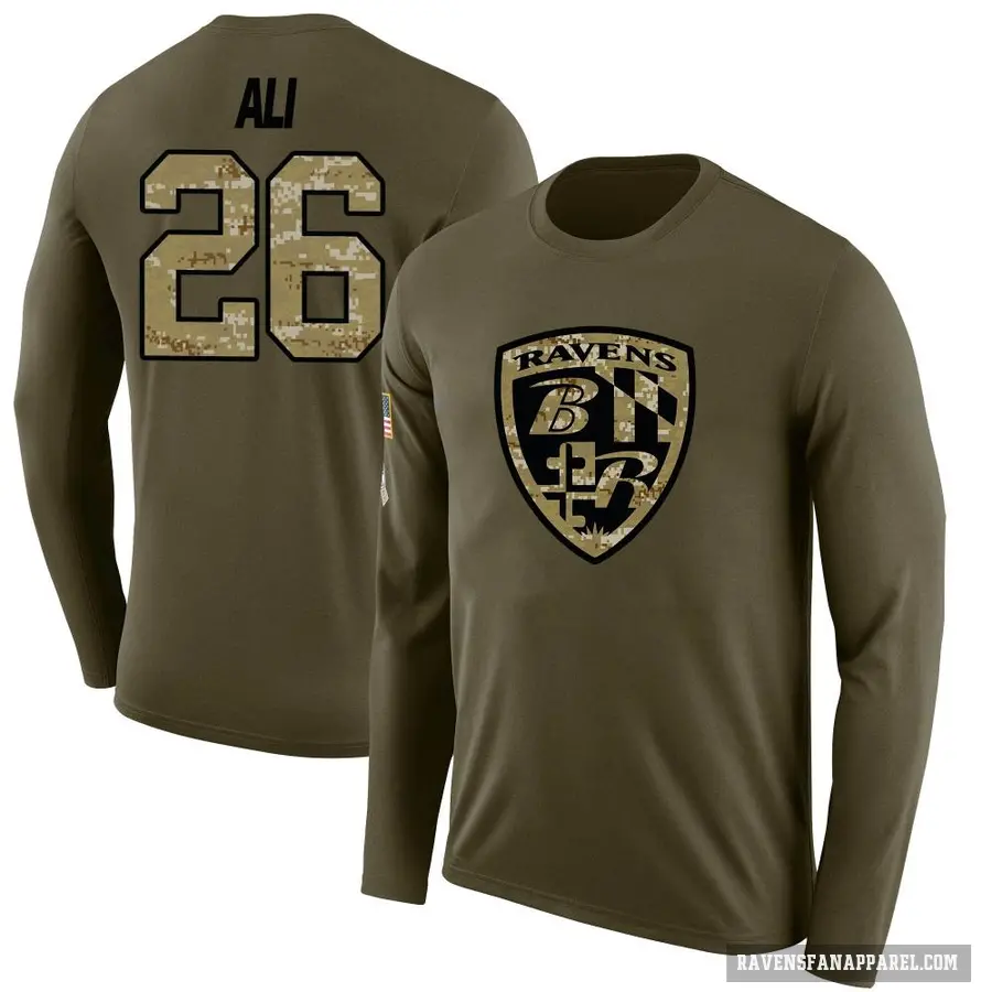 Youth ＃26 Rasheen Ali Baltimore Ravens Olive Salute to Service Sideline Long Sleeve T-Shirt