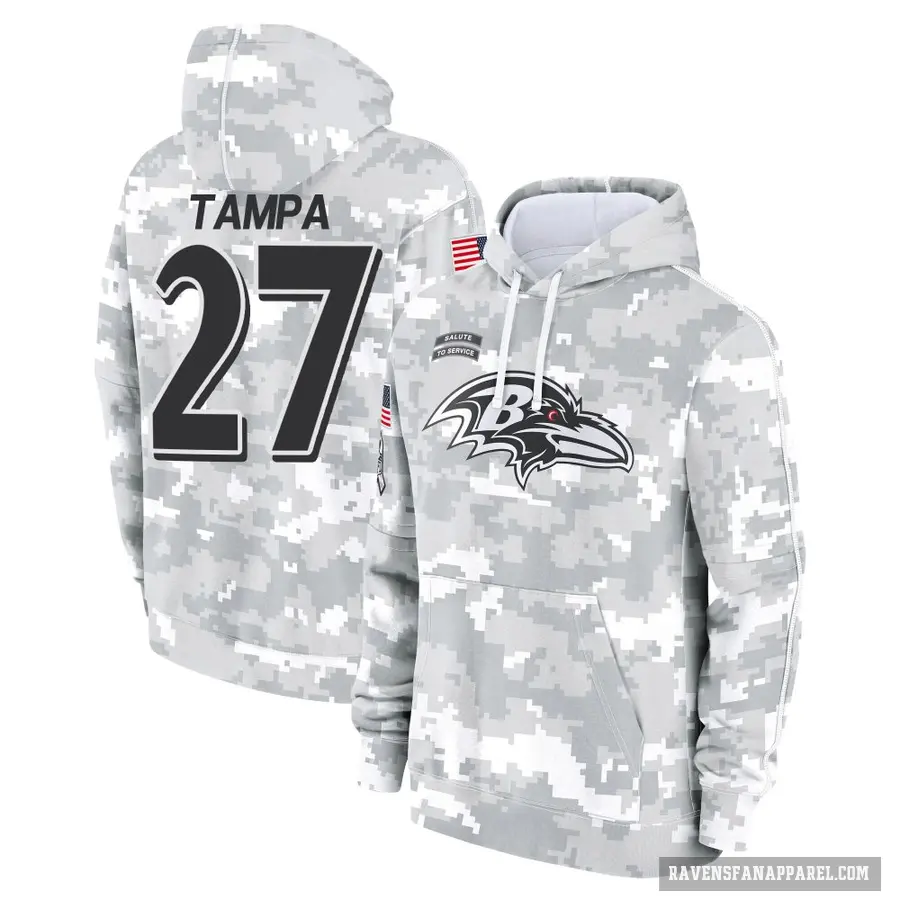 Youth ＃27 T.J. Tampa Baltimore Ravens Arctic Camo 2024 Salute to Service Club Fleece Pullover Hoodie