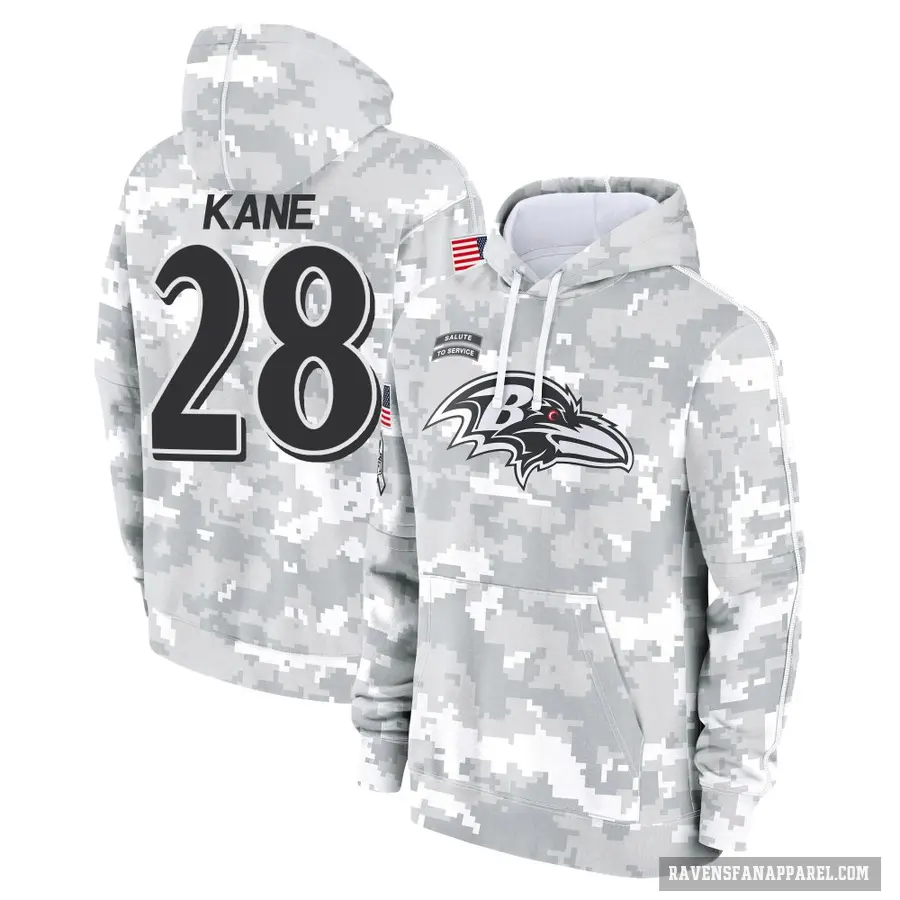 Youth ＃28 Sanoussi Kane Baltimore Ravens Arctic Camo 2024 Salute to Service Club Fleece Pullover Hoodie