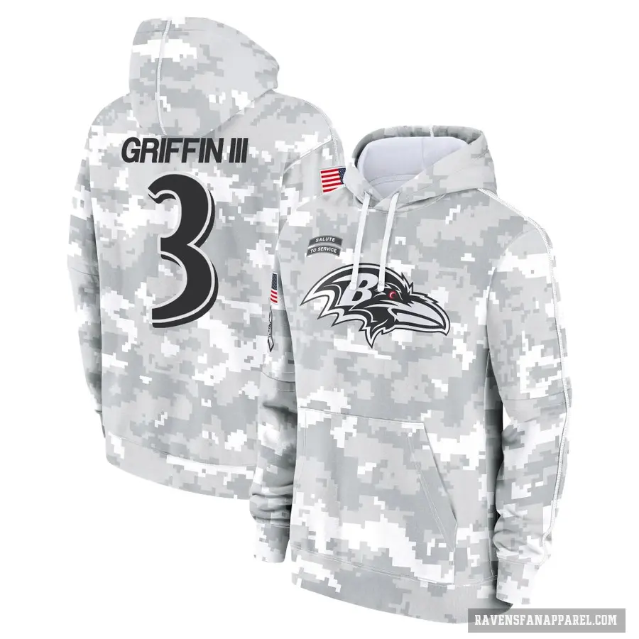 Youth ＃3 Robert Griffin III Baltimore Ravens Arctic Camo 2024 Salute to Service Club Fleece Pullover Hoodie