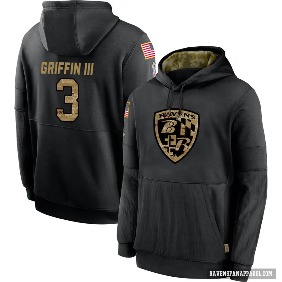 Youth ＃3 Robert Griffin III Baltimore Ravens Black 2020 Salute to Service Sideline Performance Pullover Hoodie