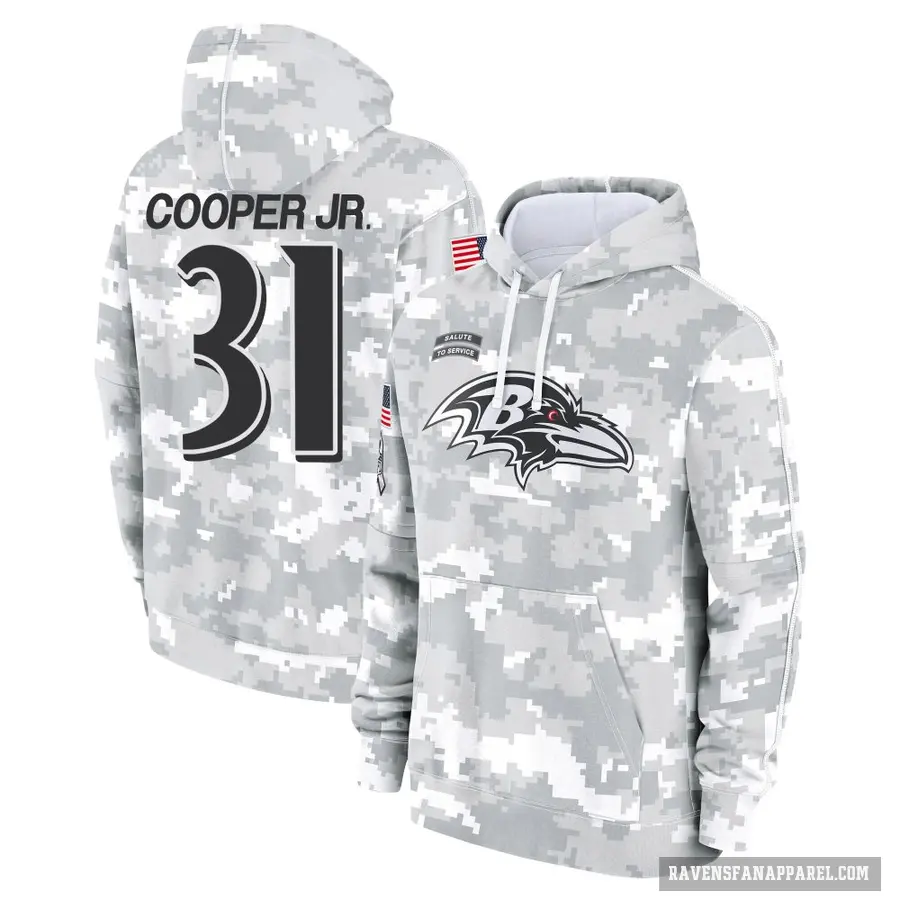 Youth ＃31 Bump Cooper Jr. Baltimore Ravens Arctic Camo 2024 Salute to Service Club Fleece Pullover Hoodie