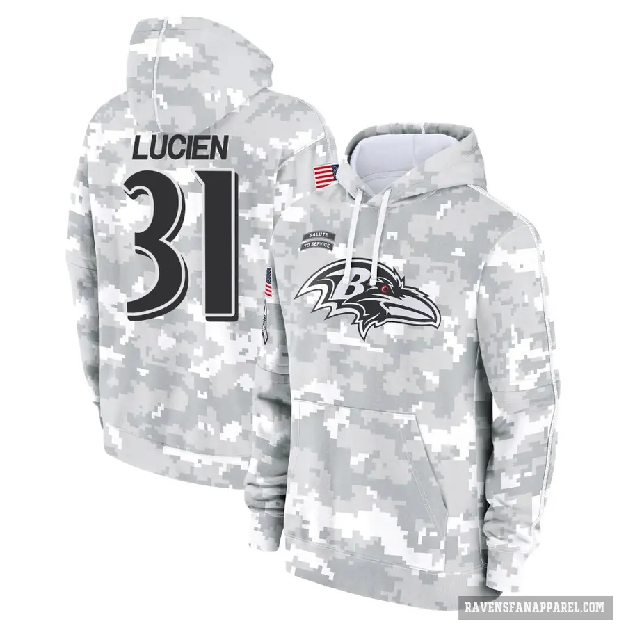 Youth ＃31 Jeremy Lucien Baltimore Ravens Arctic Camo 2024 Salute to Service Club Fleece Pullover Hoodie