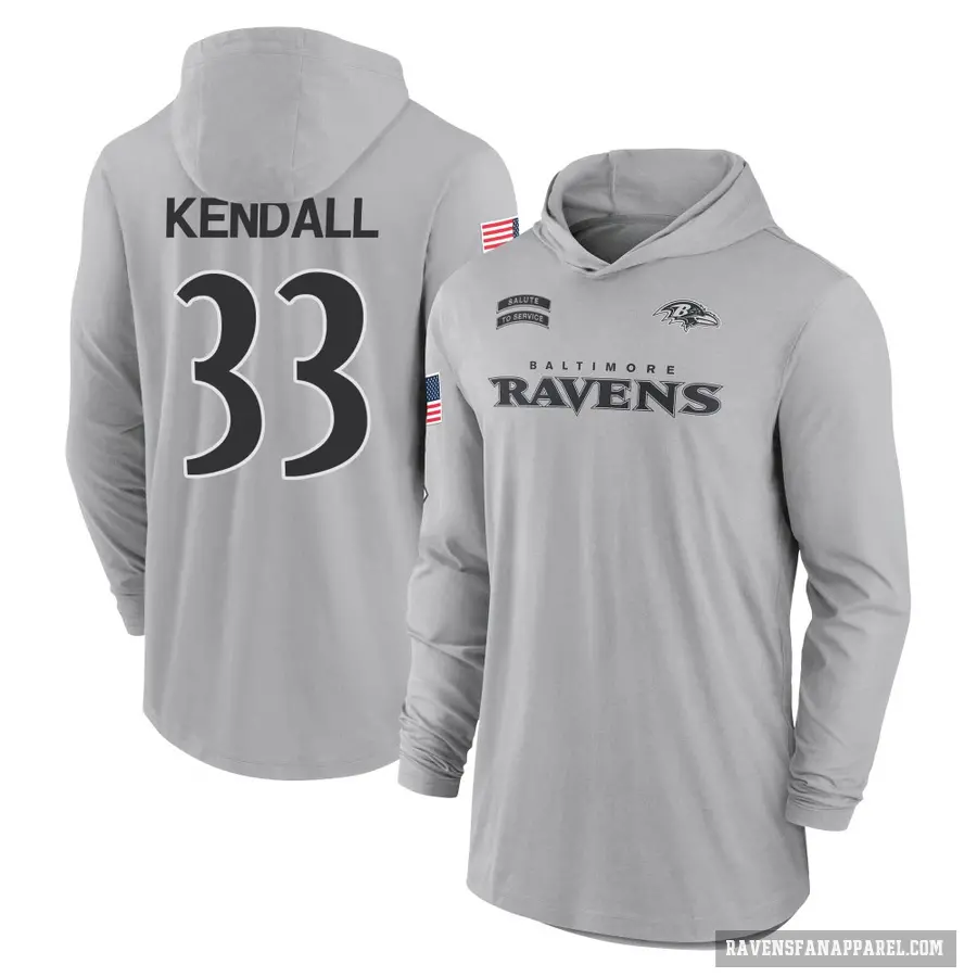 Youth ＃33 Anthony Kendall Baltimore Ravens Gray 2024 Salute to Service Lightweight Performance Long Sleeve Hooded T-Shirt