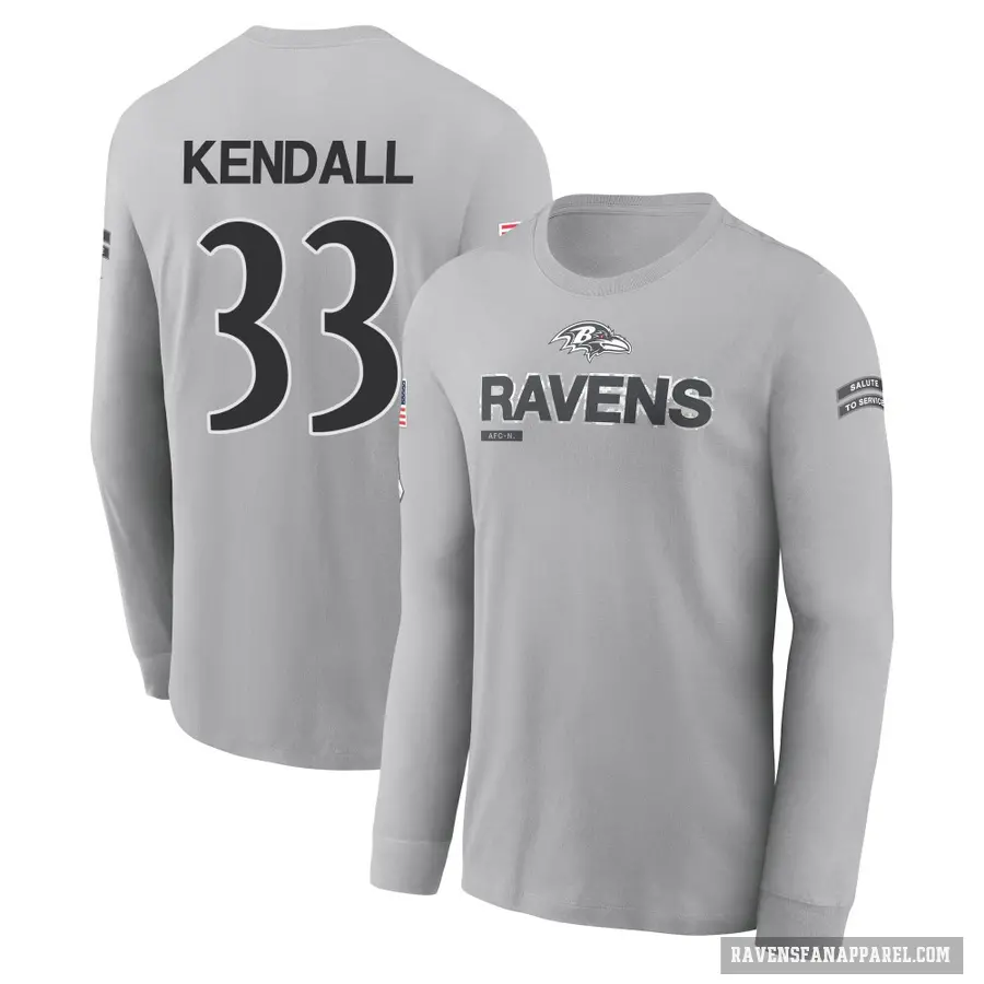 Youth ＃33 Anthony Kendall Baltimore Ravens Gray 2024 Salute to Service Long Sleeve T-Shirt